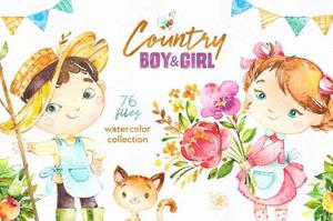 Country Boy And Girl Watercolor / Acuarela - Png -9-