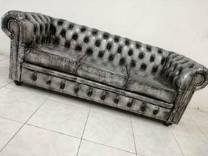 Sillon Chesterfield 3 Cuerpos Cuero Patinado Plata