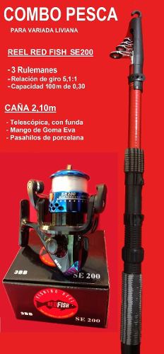 Combo Pesca Red Fish Caña 2,10m Telescópica + Reel Se200