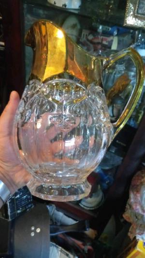 Antigua jarra de vidrio carnival glass 5 copas detalles