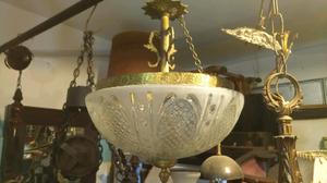 Antigua lampara colgante plafon vidrio bronce 2 luces