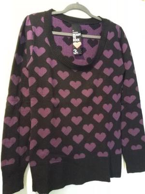 Sweater Pulover Lana Complot T3 Rayado Y Corazones Usado