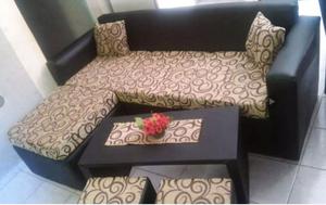 Combo sillon esquinero 4 cuerpos en cuerina y chenille