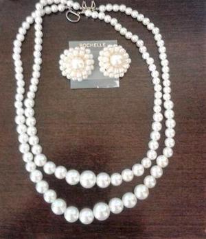 Collar De Perlas Doble Aros Fantasia Conjunto Antiguo