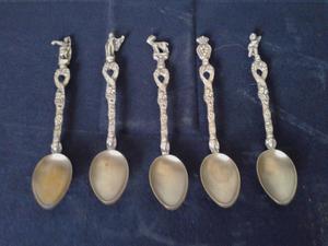 Cucharitas Metal Plateado Mangos Con Figuras - Lote X 5