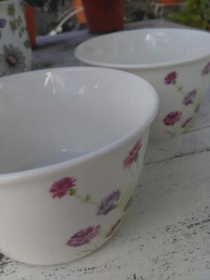 Dos bowls cerealeros blancos con flores