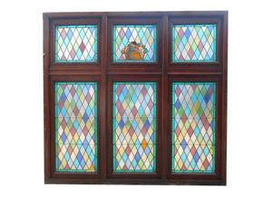 Antigua ventana de madera cedro con vitraux (255x242cm)