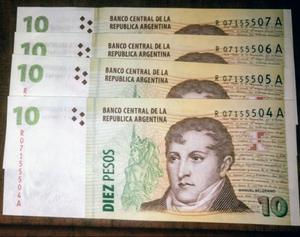 Billetes de 10 pesos reposición UNC los cuatro correlativos