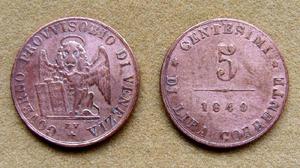 Moneda de 5 centésimos de lira Venecia, Italia 1849