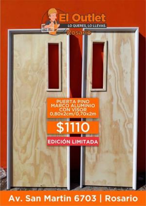 Puerta placa de pino marco aluminio con visor OFERTA HASTA