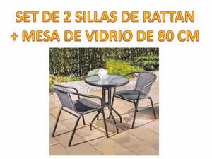 SET DE 2 SILLAS DE RATTAN + MESA DE VIDRIO DE 80 CM
