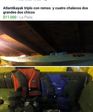 Kayak triplo con dos chalecos nuevos