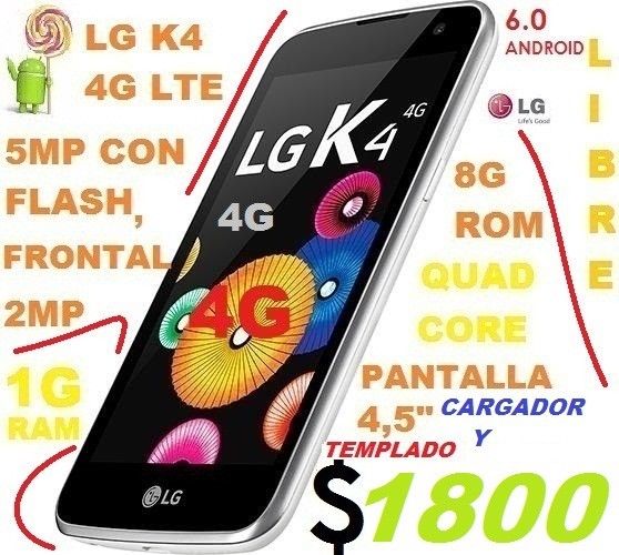 VENDO LG K4 4G LTE CARGADOR TEMPLADO,1G RAM 8G