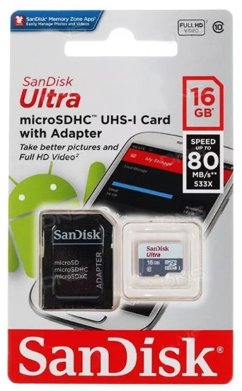 Memoria Microsd 16gb Clase10 Hc Sandisk Camara 80 Mb/s