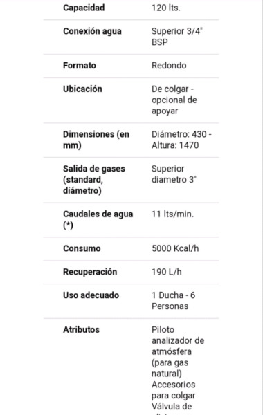 Termotanque a gas 120 lts. SIN USO