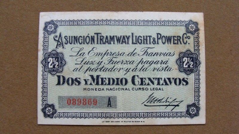 Billete de 2 1/2 centavos Asunción Tramway, Paraguay 