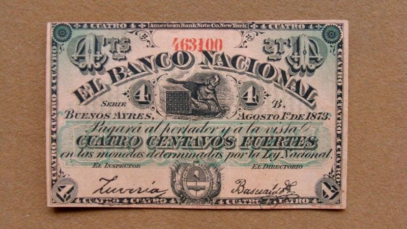 Billete de 4 centavos fuertes Banco Nacional, Argentina 
