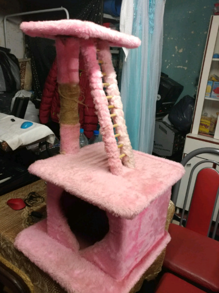casa gato madera 3 pisos rosa escalera