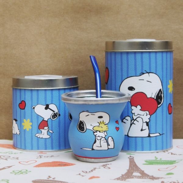 Set Mate de vidrio + latas Snoopy
