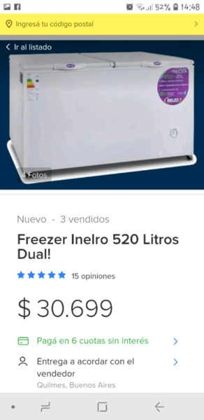 Frizeer 520ltrs impecable doble puerta