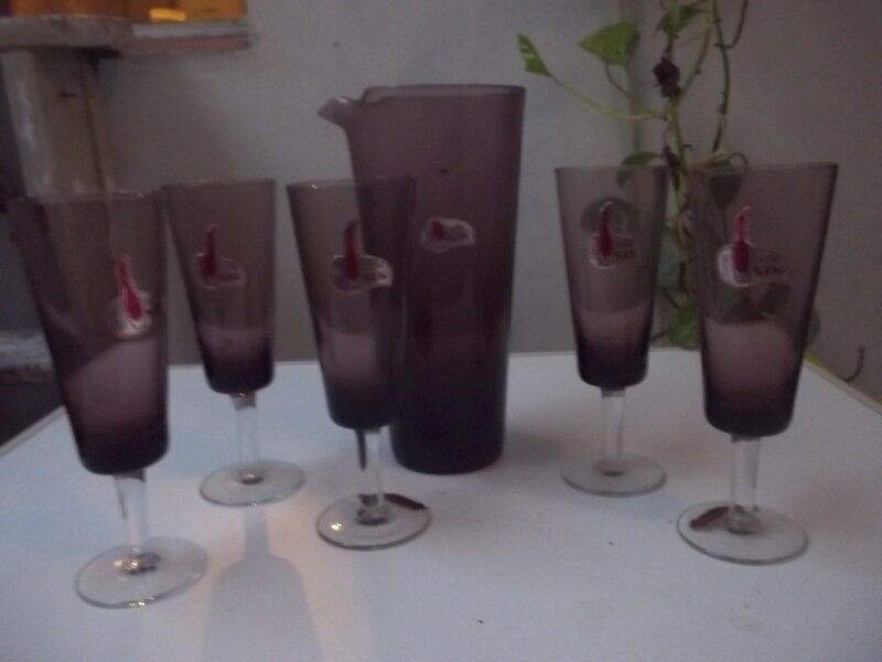 cinco copas de cristal six con jarra vertedora color
