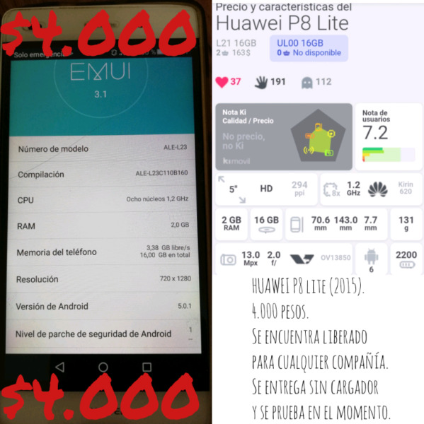 HUAWEI P8 lite (). Pantalla 5". 2 GB RAM. 16 GB