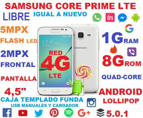 VENDO SAMSUNG CORE PRIME 4G LTE 17,CAM 5MP FLASH,FRONTAL