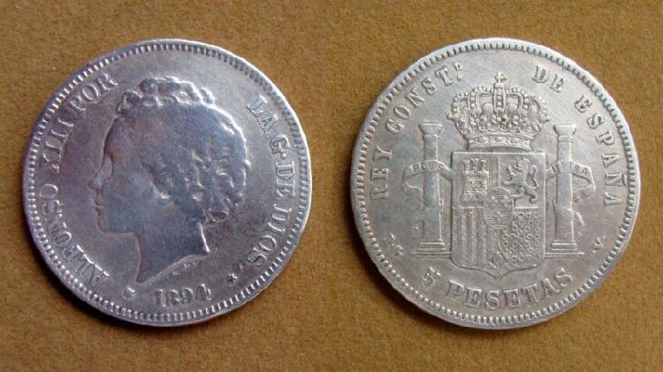 Moneda de 5 pesetas de plata, España 1894
