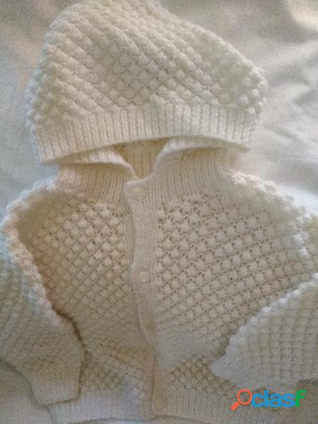 saco capucha tejido manual lana blanca talle 3 hermoso