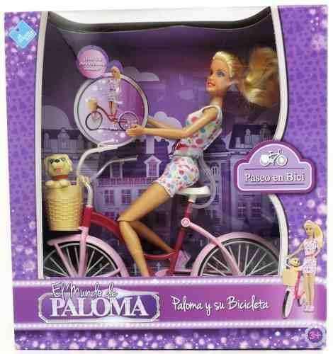 muñeca paloma en bicicleta con mascota y accesorios