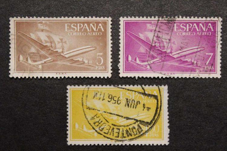 3 ESTAMPILLAS ESPAÑA 1955, CORREO AÉREO, AVIÓN Y NAO