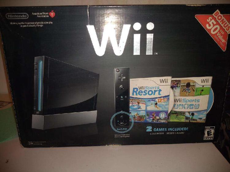 Nintendo Wii negra usada y 2 juegos originales. En caja.