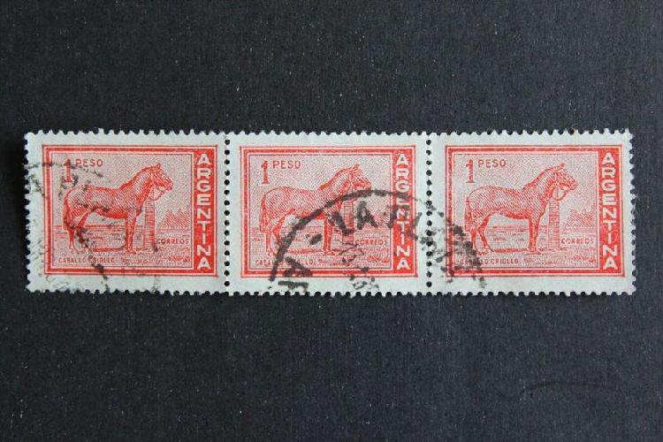 BLOCK 3 ESTAMPILLAS ARG., 1959, CABALLO CRIOLLO, USADA