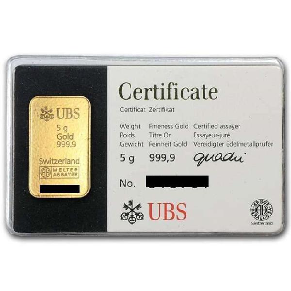 lingote oro 5 gramos 999.9 UBS certificado en blister