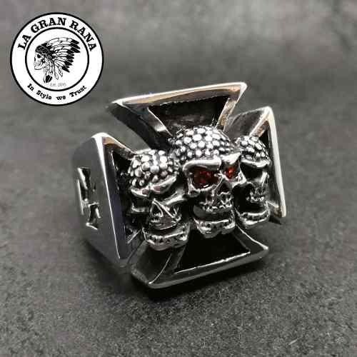 Anillo Cruz De Malta Skulls - Old School - Motoquero