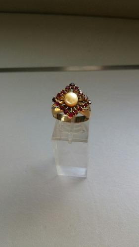 Antiguo Anillo De Oro 18 K Con Perla Y Rubies