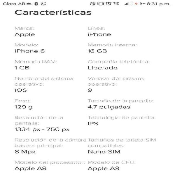 iPhone 6 Muy Buen Estado 16 Gb 1 Ram