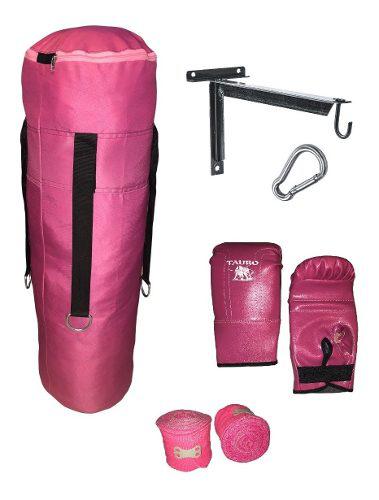 Kit Guantines Boxeo Rosas Bolsa Soporte Vendas Combo Guantes