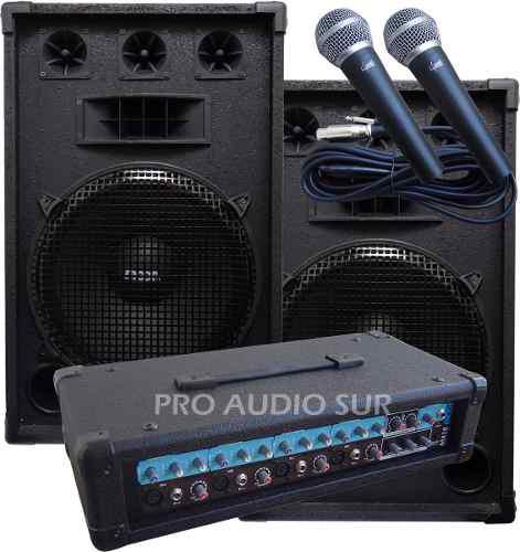 Combo Audio Consola Potenciada 2 Bafles Microfonos Y Cables