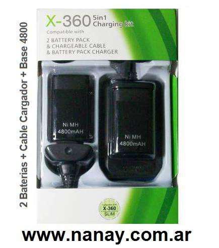 2 baterias cable cargador base 4800 p/ joystick xbox 360