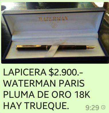 LAPICERA WATERMAN PARIS ORIGINAL PLUMA DE ORO 18 K. 750 –