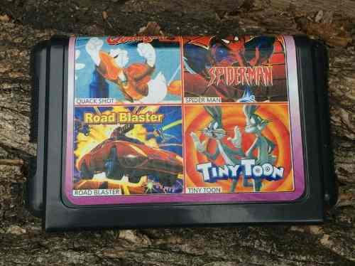 4in1 Cartucho Juego Sega Genesis, Spiderman, Tinytoons, Mas