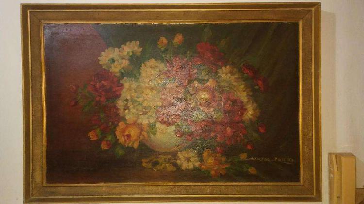 Oleo original Victor Pottier - Floral enmarcado