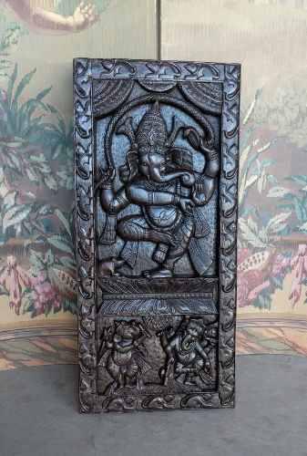 Antiguo Panel Tallado Madera Ganesh Buda Indonesia