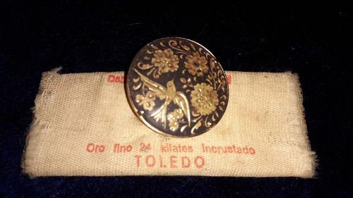 Prendedor Antiguo Toledo Damasquinado Oro Fino 24 K