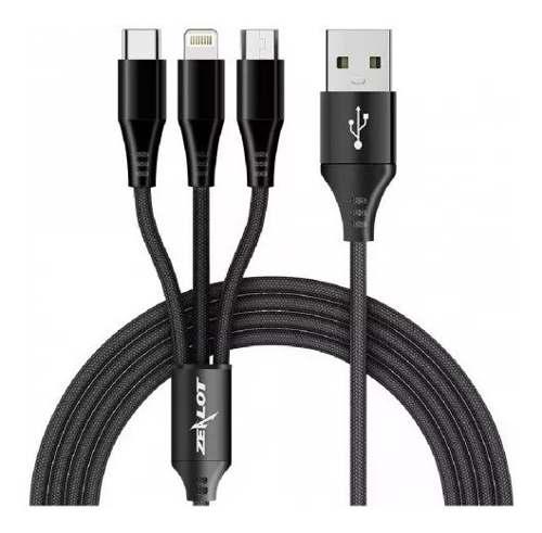 Cable Usb Zealot 3 En 1 Tipo C Micro Usb Lightning 1mts P