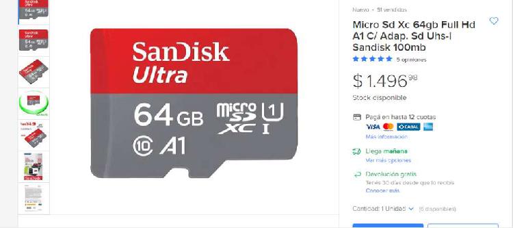Micro Sd 64gb Sandisk 100mb Full Hd A1 700 $