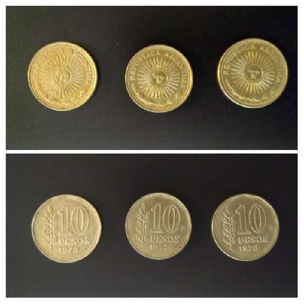 Peso Ley 18188. Moneda de 10 pesos 1976, 1977 y 1978. Sol de