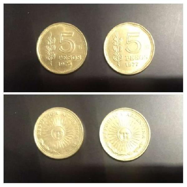 Pesos Ley 18188. Moneda de 5 pesos 1976 y 1977 - Sol de Mayo