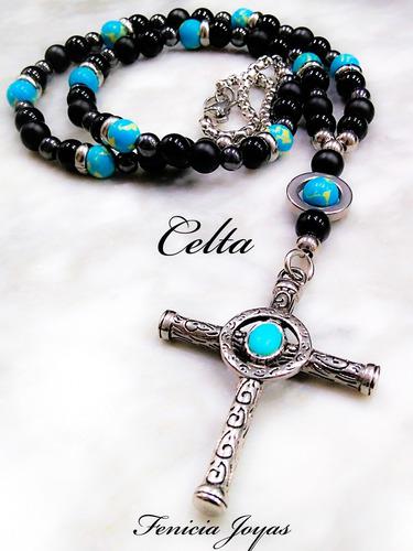 Collar Turquesa Y Obsidiana Con Cruz Celta